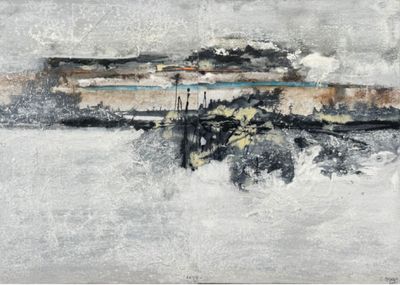 peinture abstraite représentant un train sur une voie ferrée dans la neige