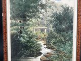 an oil painting of a stream in a wooded area with rocks and trees