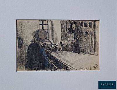 drawing of a woman sitting at a table with a cat in her lap