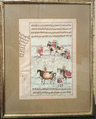 painting of a group of people riding horses in a snowy landscape