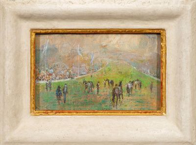 an oil painting of a group of people riding horses in a field