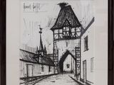 drawing of a street with a clock tower in the middle of it