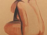 tableau représentant un homme nu assis sur un tabouret, de dos à l'appareil photo