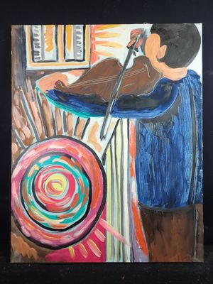 a painting of a man playing a violin in a room