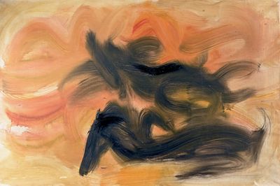 Peinture abstraite représentant une femme en robe noire sur un fond jaune et orange