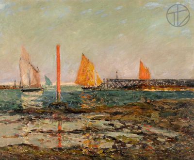 a painting of sailboats on the water near the shore
