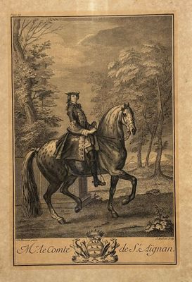 drawing of a man riding a horse in a wooded area