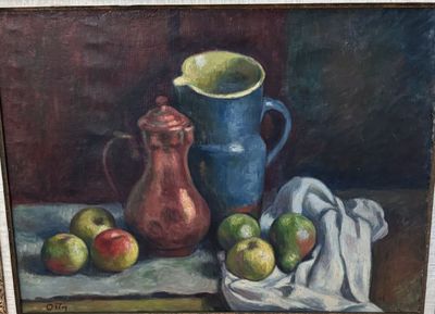 un tableau représentant un pichet et des pommes posés sur une table