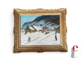 une image d'un tableau représentant un village dans la neige