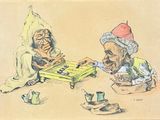 dessin représentant deux hommes jouant aux dames sur une table