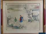 Aquarelle chinoise représentant un homme et une femme dans une cour
