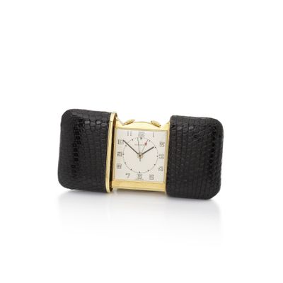 cartier, ' a lady ' s 18k gold wrist watch with black leather strap ', circa 1950