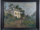 an image of a painting of a house on a hill with a dog in front of it