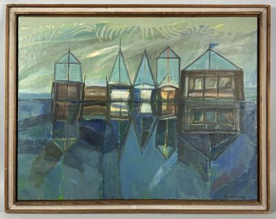 a painting of boats in a harbor with a sky background