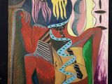 une peinture à l'huile représentant une femme assise sur une chaise avec une guitare
