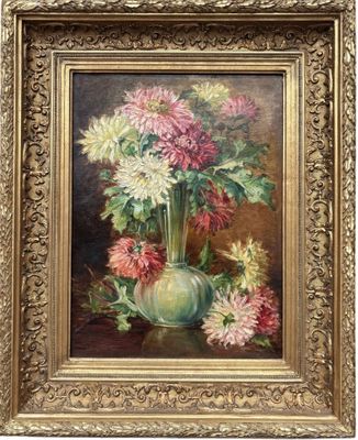 a painting of flowers in a vase on a table