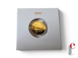 a close up of a gold coin in a box on a white surface