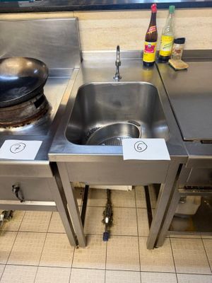 two sinks in the kitchen with a bowl on top of them