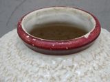 un vase blanc bordé de rouge posé sur une table
