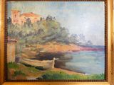 a painting of a boat on the shore of a lake