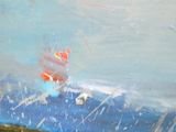 a painting of a boat in the water with a red sail