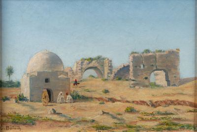 an oil painting of a desert scene with a building in the background