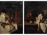 two paintings of a still life with a turkey and other items on a table
