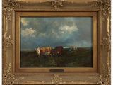 une image représentant un tableau montrant des vaches dans un champ, avec des nuages en arrière-plan