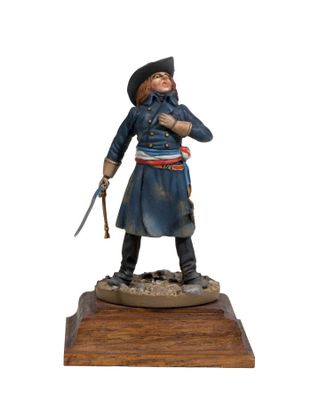 statue of a man in a blue uniform holding a sword