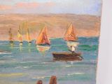 a painting of a group of sailboats in the water