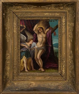 une peinture à l'huile représentant Jésus sur la croix, entouré d'anges et d'un enfant