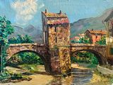 une peinture représentant un pont au-dessus d'une rivière avec des bâtiments à l'arrière-plan