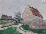an oil painting of a house in a field with a dirt road