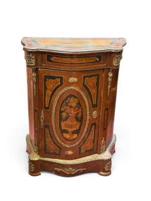 a small wooden cabinet with a painting on it