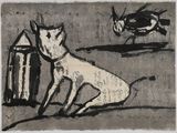 tableau représentant un chat et un chien devant un oiseau