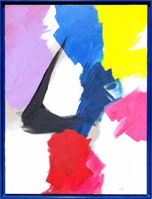 painting of a colorful abstract painting in a blue frame on a white wall
