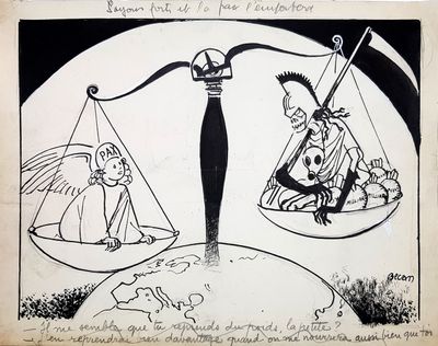 drawing of a cartoon of a woman on a scale with a man on the other side of the scale