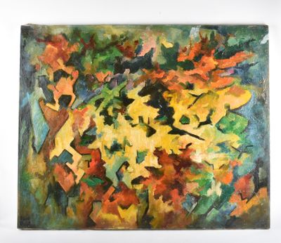 un tableau représentant un vase rempli de fleurs colorées posé sur une table