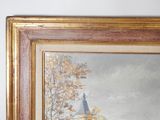 a picture of a painting of a church on a hill