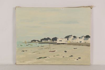 a painting of a beach scene with boats on the water