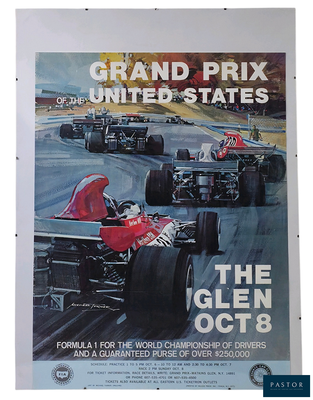 a poster of a grand prix race with a number of cars on the track