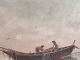 a painting of two men in a boat on the water