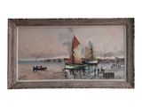 an oil painting of a sailboat on a body of water with a town in the background