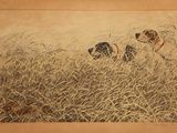 two dogs in a field of tall grass with a sky in the background