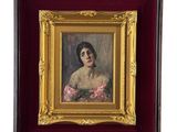 tableau représentant une femme en robe rose, dans un cadre doré