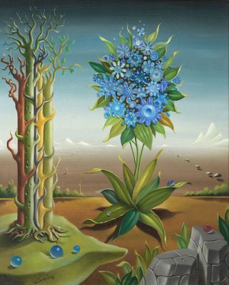 an image of a painting of blue flowers in a desert
