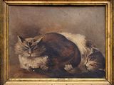 tableau représentant un chat recroquevillé sur un oreiller, dans un cadre doré
