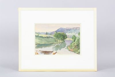 une aquarelle représentant une rivière avec un bateau dessus