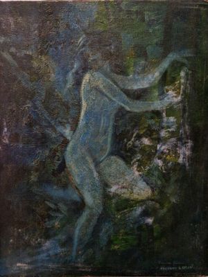 une peinture à l'huile représentant une femme debout sur un rocher dans l'eau