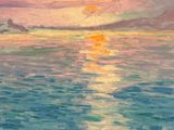 an oil painting of a sunset over the ocean with a boat in the water